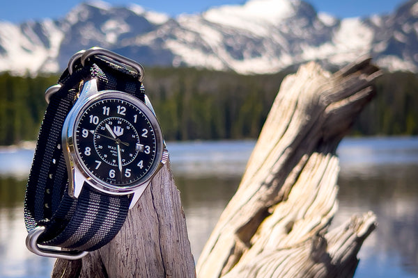 A Wasson Automatic Field Watch with a black and grey striped nylon strap sits propped on an old piece of driftwood. You can see a lake and snow-capped mountains in the background.