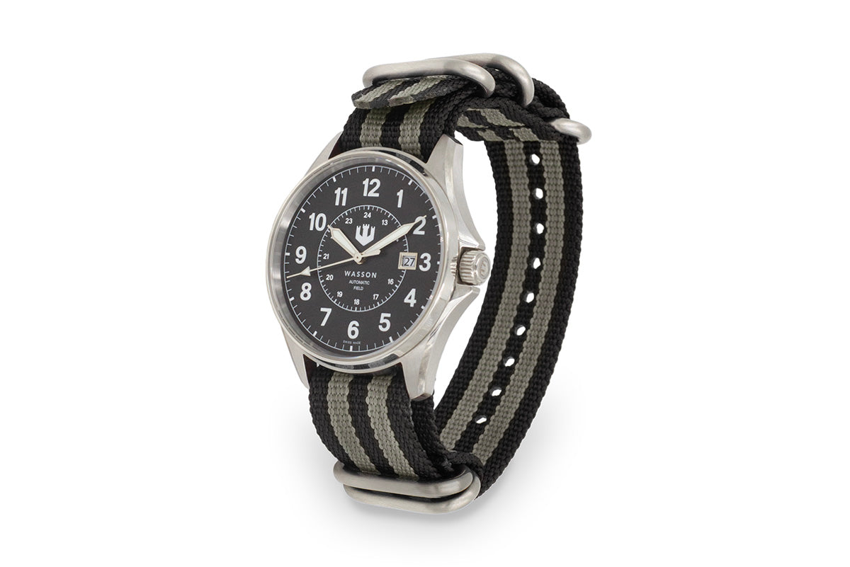 Automatic Field Watch with Black and Gray Nylon Strap