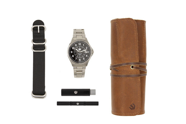 Automatic Field Watch with Stainless Steel Bracelet, Leather Watch Roll, Watch Tool Kit and Nylon ZULU Strap