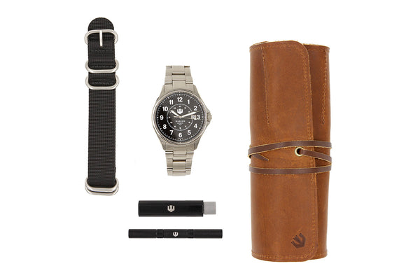 Automatic Field Watch with Stainless Steel Bracelet, Leather Watch Roll, Watch Tool Kit and Nylon ZULU Strap