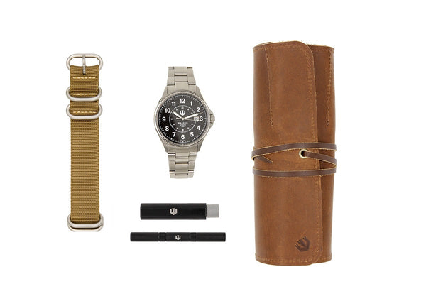 Automatic Field Watch with Stainless Steel Bracelet, Leather Watch Roll, Watch Tool Kit and Nylon ZULU Strap