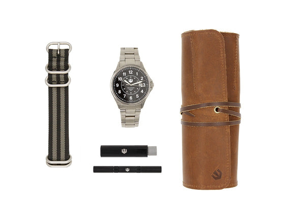 Automatic Field Watch with Stainless Steel Bracelet, Leather Watch Roll, Watch Tool Kit and Nylon ZULU Strap